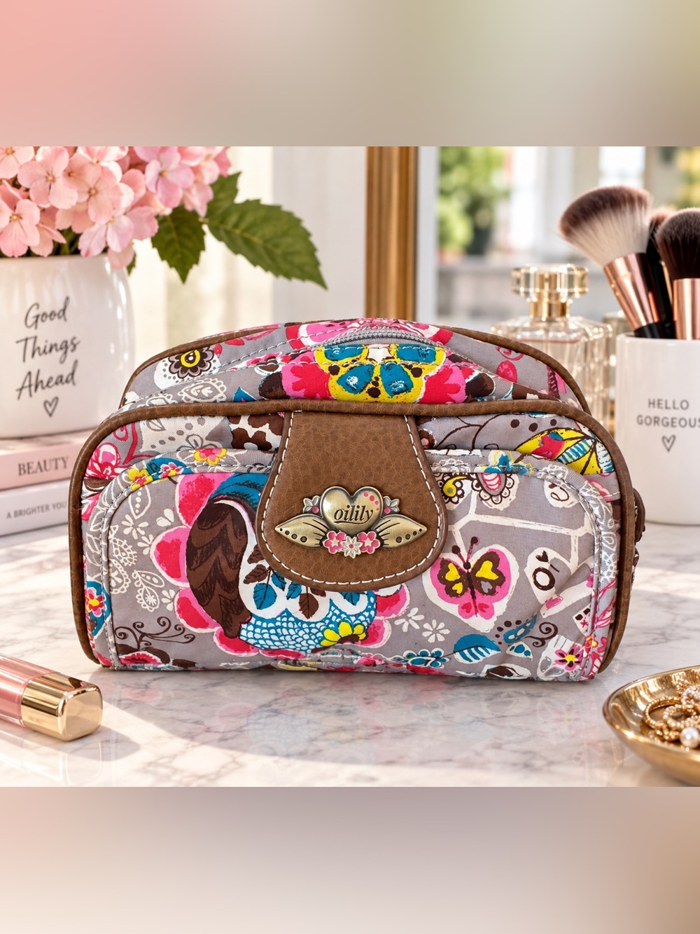 Oilily Floral Butterfly Cosmetic Makeup Bag Organizer Pouch